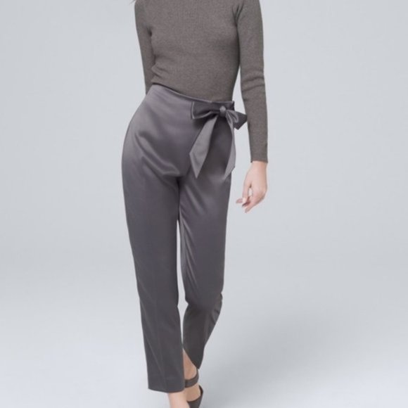 White House Black Market Bow-Belt Satin Tapered Ankle Pants - Picture 3 of 6